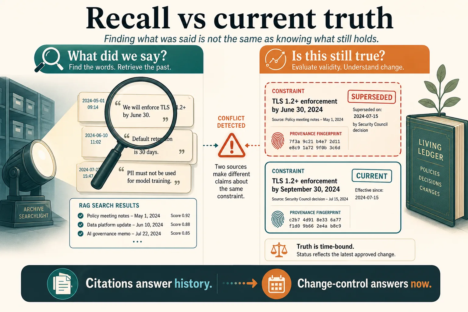 Recall vs current truth — finding what was said versus knowing what still holds
