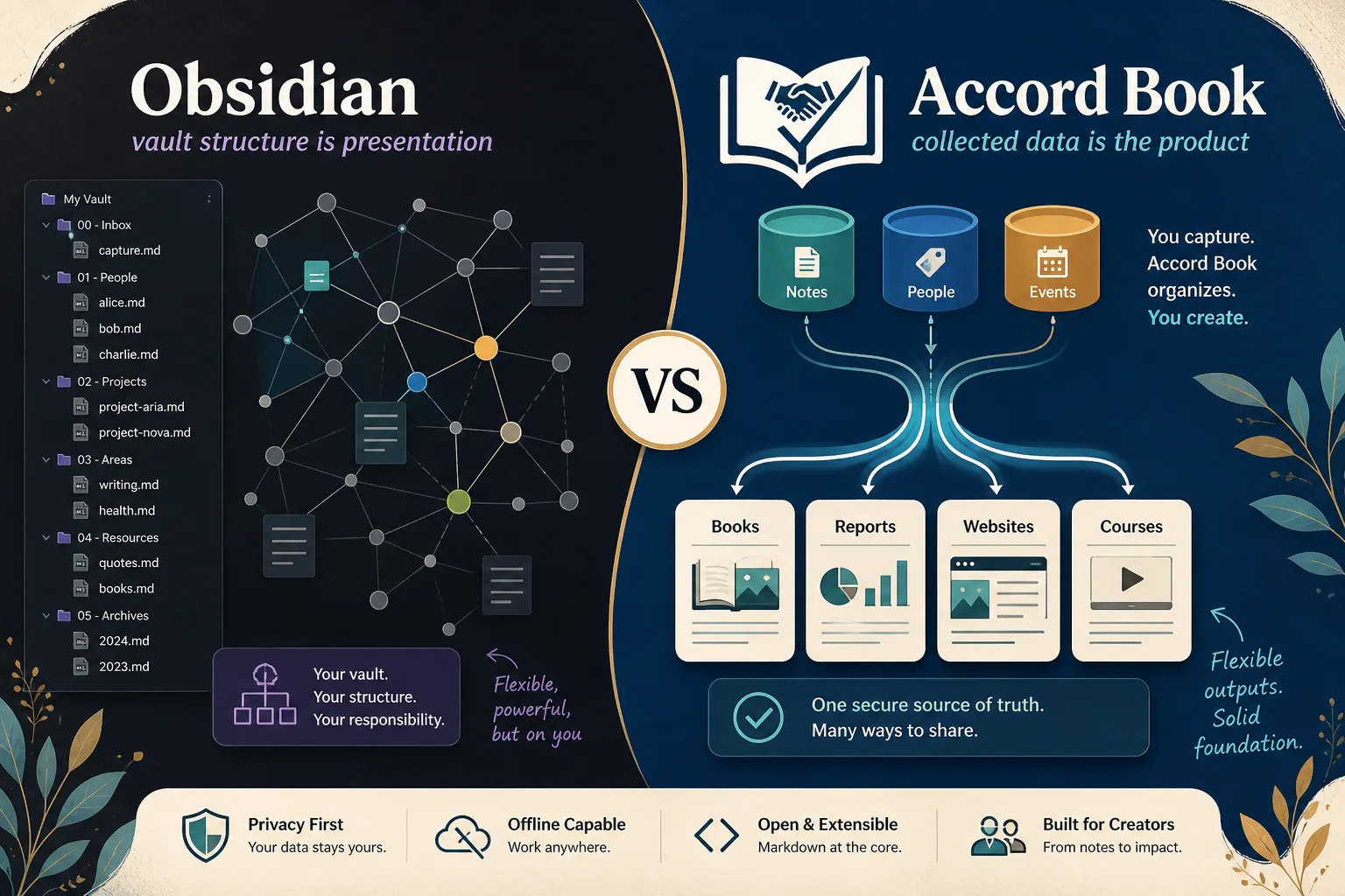 Accord Book vs Obsidian — vault structure as presentation versus collected data as the product